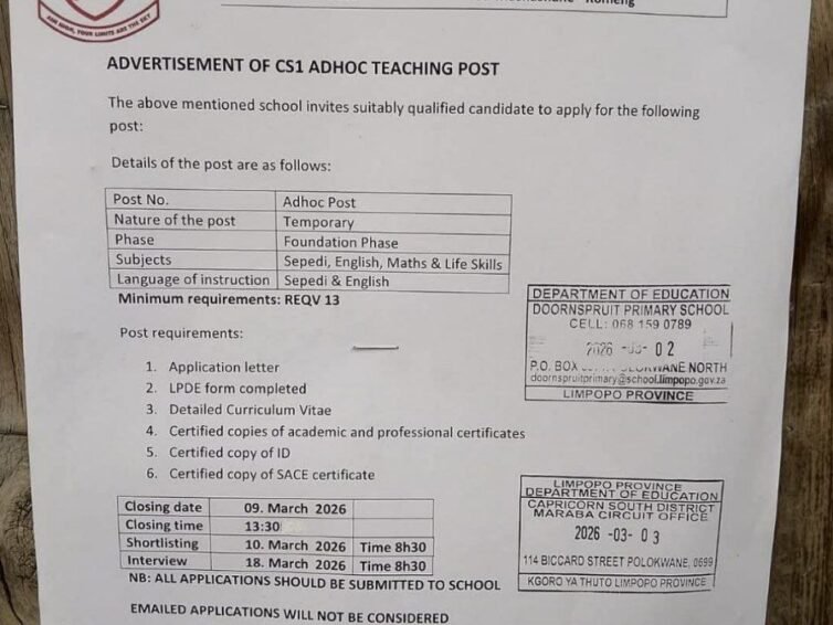 Doornspruit Primary School CS1 Adhoc Teaching Post 2026 – Apply Before 09 March 2026